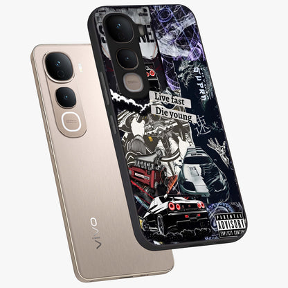 Die Young Glass Case displayed in angled mockup highlighting expressive graphic artwork with edgy aesthetic style.