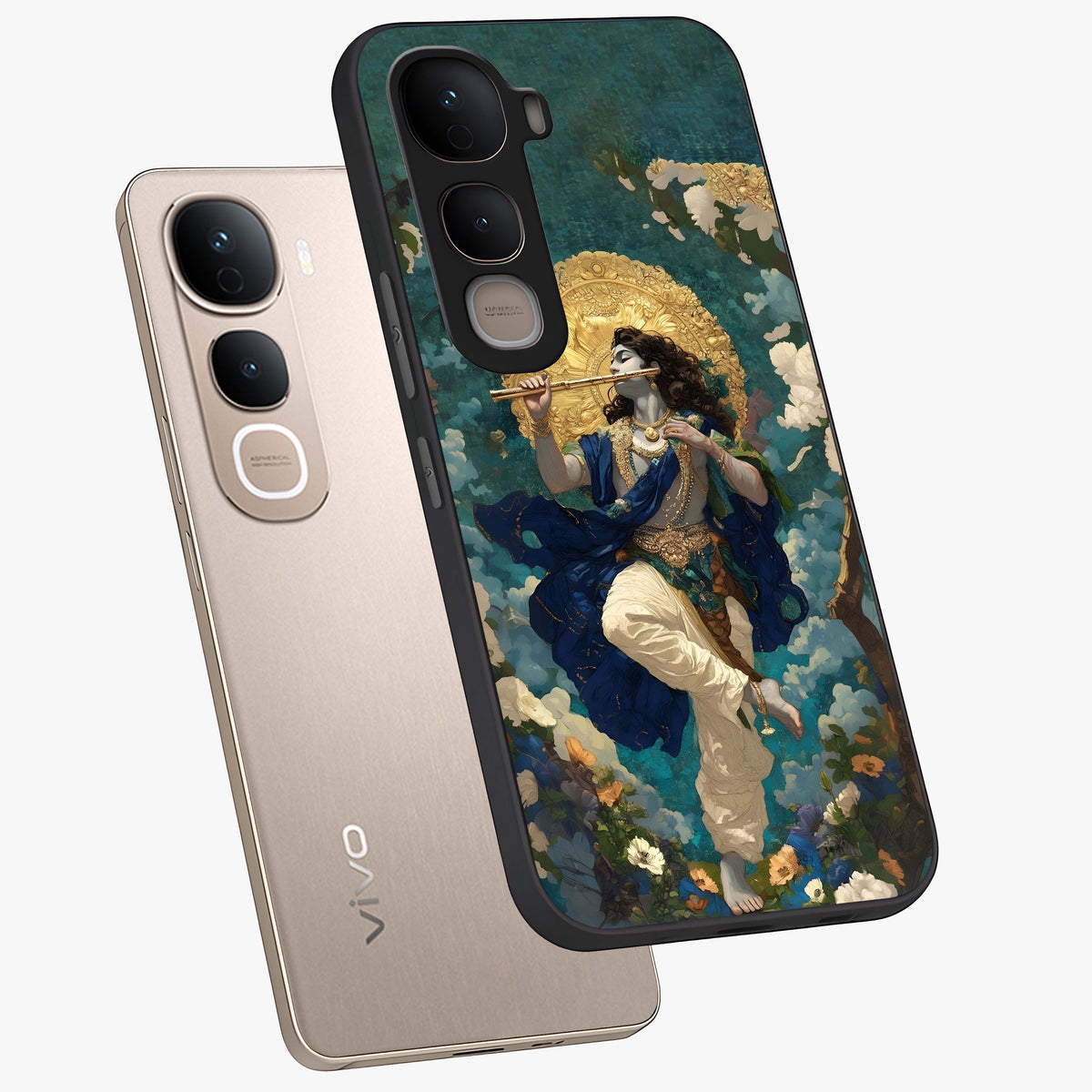 Divine Krishna Art Glass Case displayed in angled mockup highlighting spiritual Krishna illustration with devotional aesthetic.