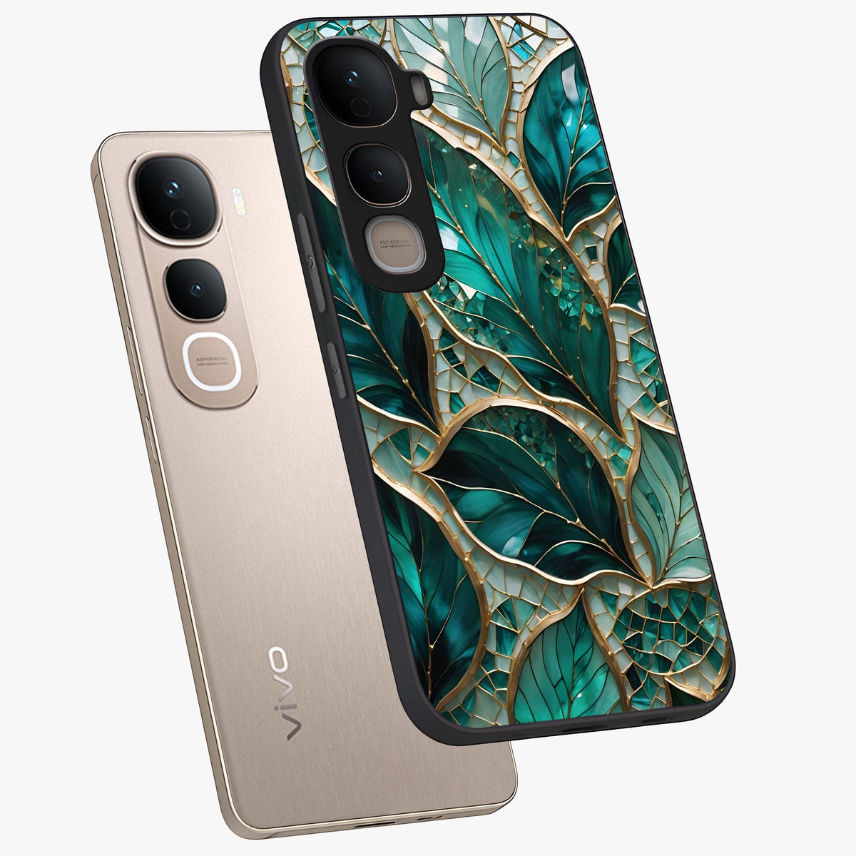 Emerald Leaf Glass Glass Case displayed in angled mockup highlighting botanical leaf illustration with elegant natural aesthetic.