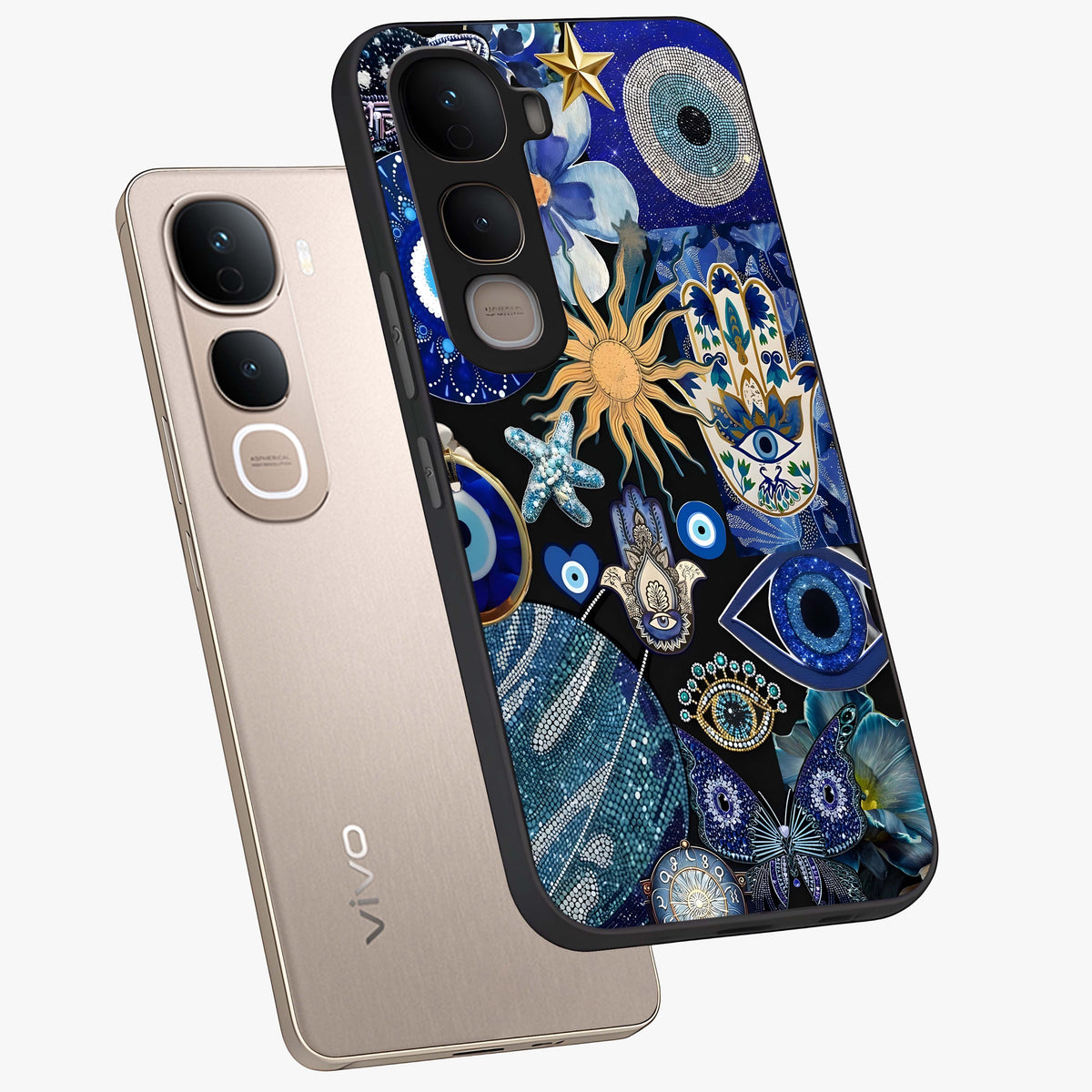 Evil Eye Charm Mix Glass Case displayed in angled mockup highlighting protective evil eye symbols with spiritual aesthetic design.