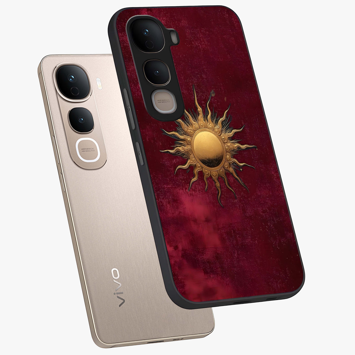 Golden Sun Minimalism Glass Case displayed in angled mockup highlighting clean sun symbol design with modern minimal aesthetic.
