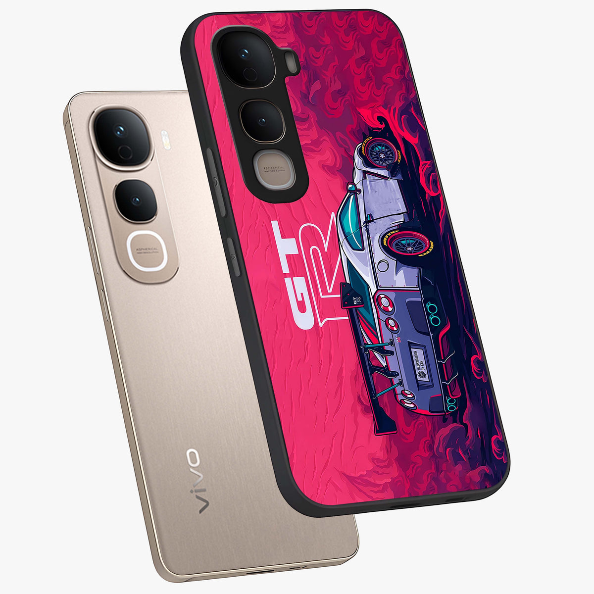 GT-R Car Pattern Glass Case displayed in angled mockup highlighting racing car graphic design with bold automotive aesthetic.
