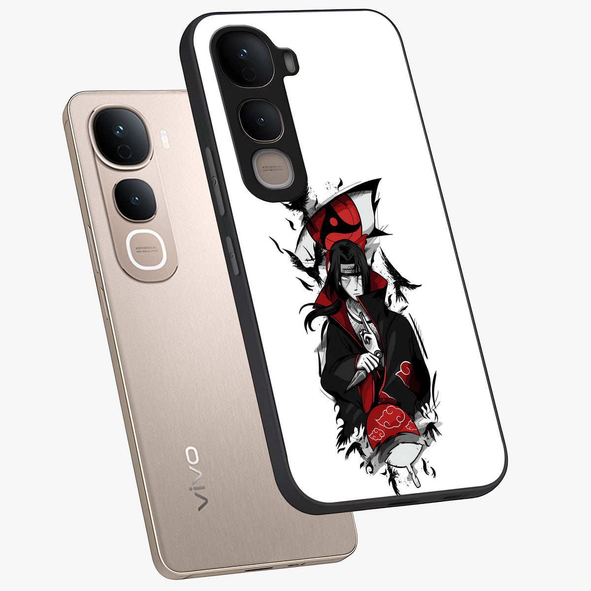 Itachi Limited Edition Naruto Anime Glass Case displayed in angled mockup highlighting dramatic anime illustration with bold action aesthetic.