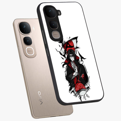 Itachi Limited Edition Naruto Anime Glass Case displayed in angled mockup highlighting dramatic anime illustration with bold action aesthetic.