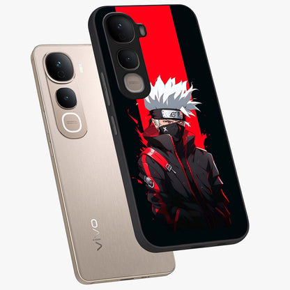 Kakashi Scarlet Shadow Glass Case displayed in angled mockup highlighting dramatic ninja illustration with scarlet themed aesthetic.