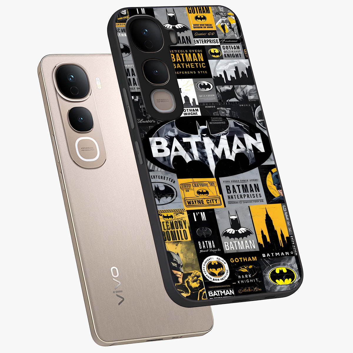 Knight Gotham Rise Glass Case displayed in angled mockup highlighting powerful knight silhouette design with dramatic aesthetic.
