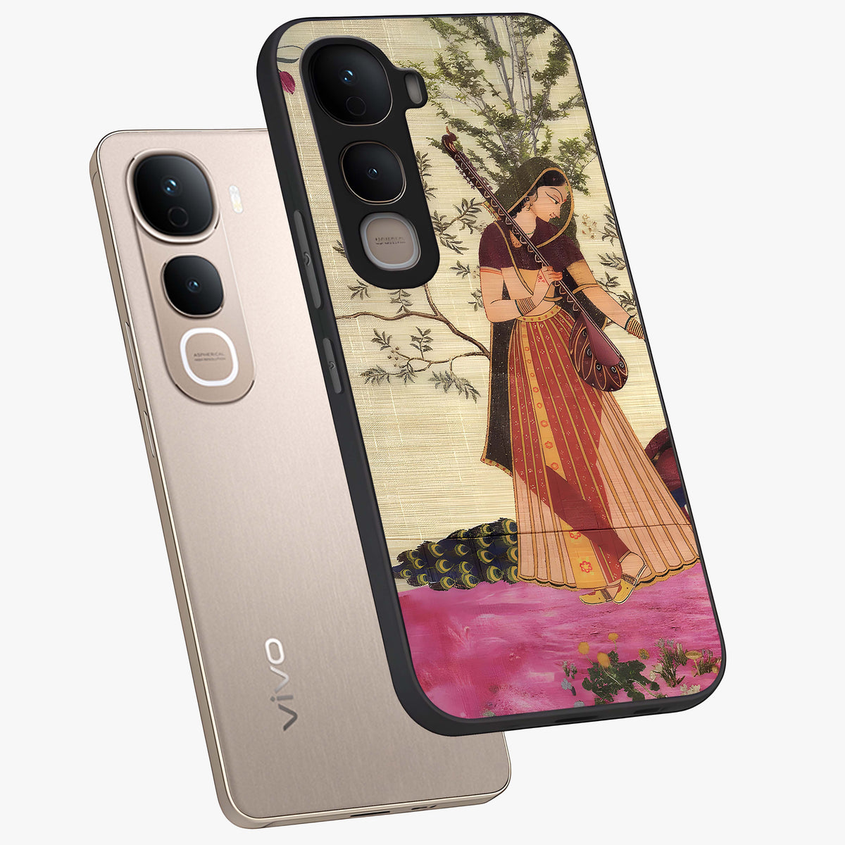 Lady With Veena Art Glass Case displayed in angled mockup highlighting graceful musical illustration with cultural artistic aesthetic.