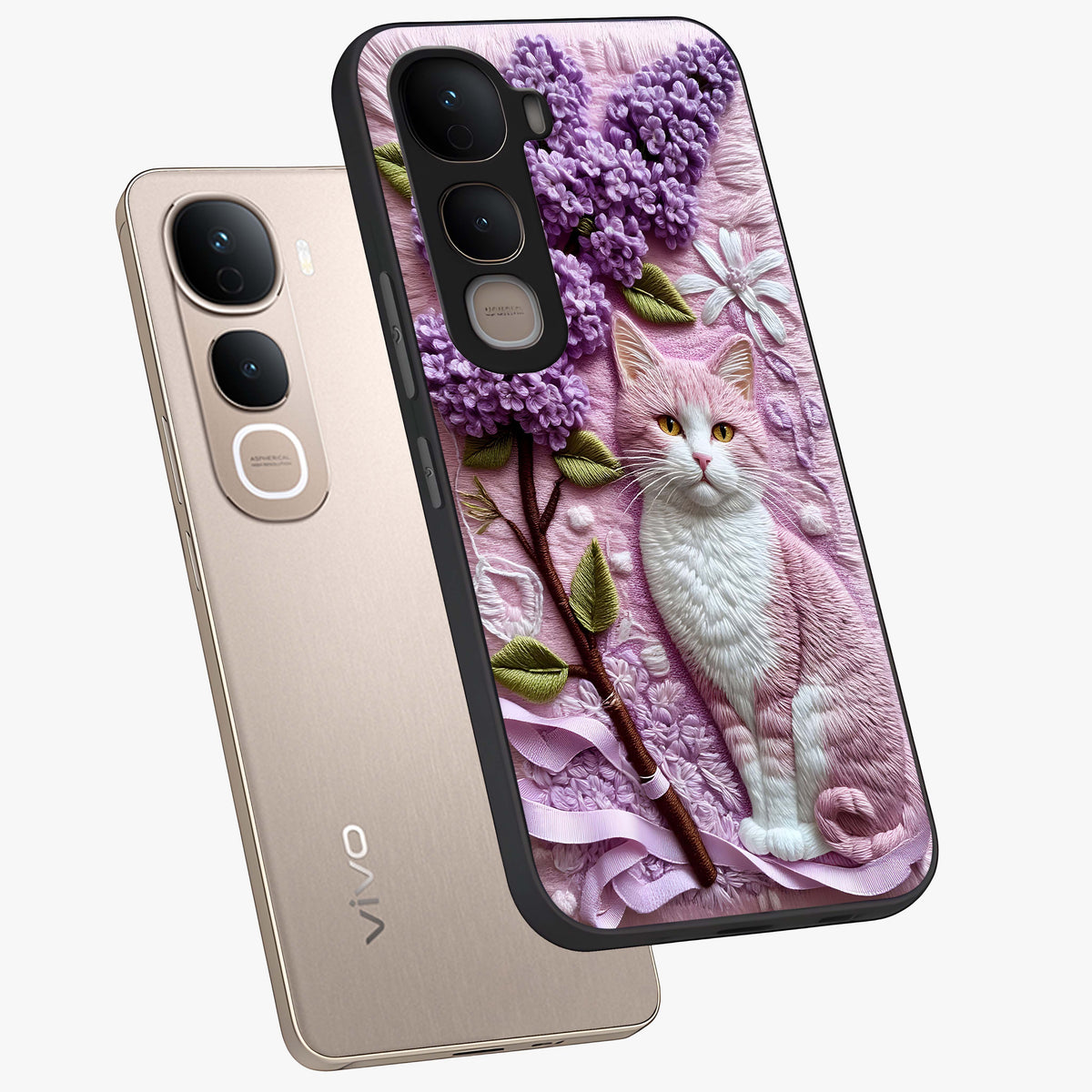 Lavender Cat Whimsy Glass Case displayed in angled mockup highlighting playful feline illustration with pastel lavender aesthetic.