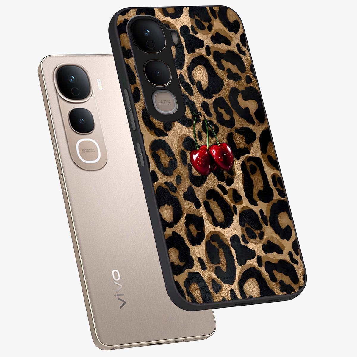 Leopard Wild Cherry Glass Case displayed in angled mockup highlighting bold animal print design with playful cherry aesthetic.