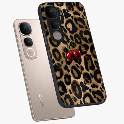 Leopard Wild Cherry Glass Case displayed in angled mockup highlighting bold animal print design with playful cherry aesthetic.