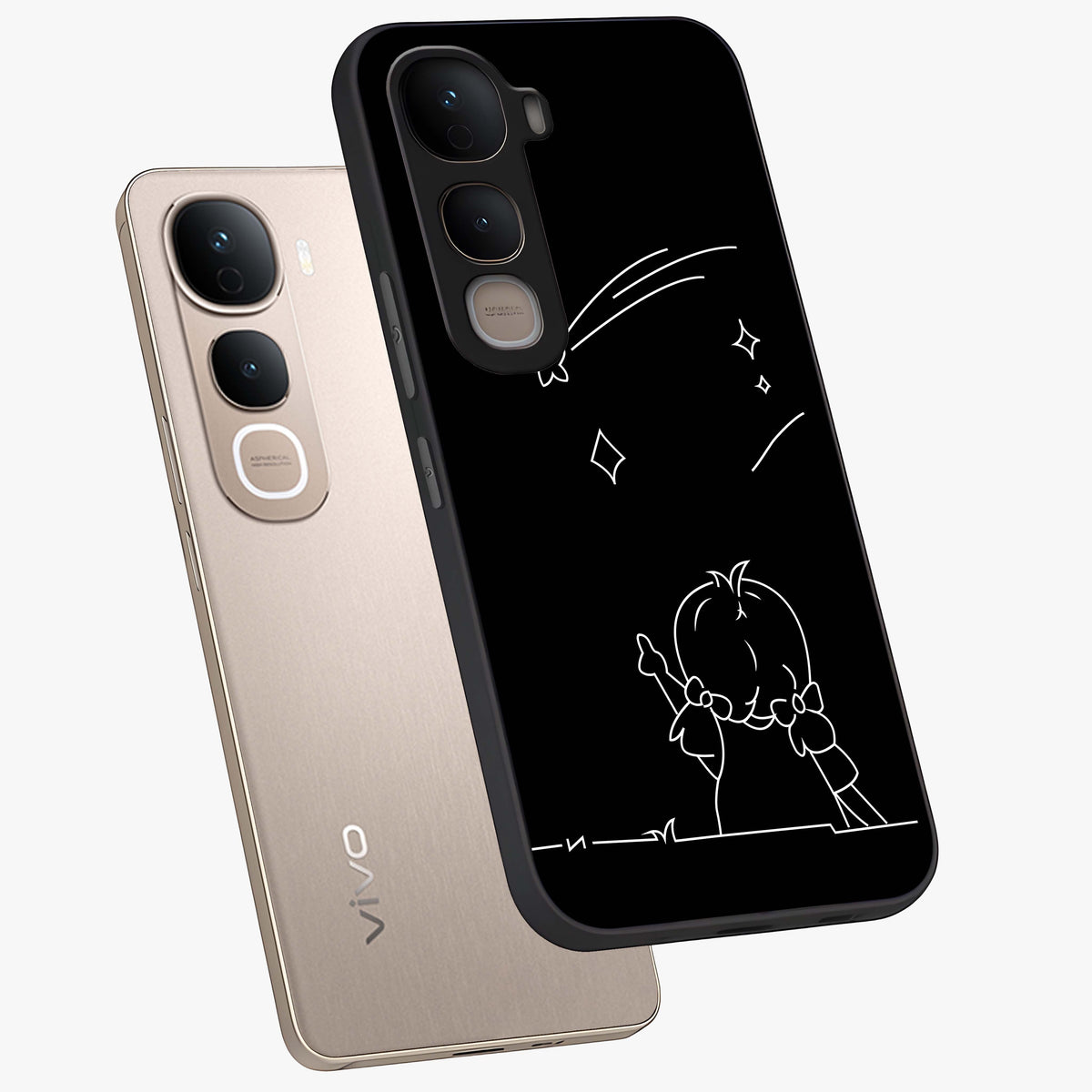 Line Art Girl With Shooting Stars Glass Case displayed in angled mockup highlighting elegant line art design with dreamy star aesthetic.