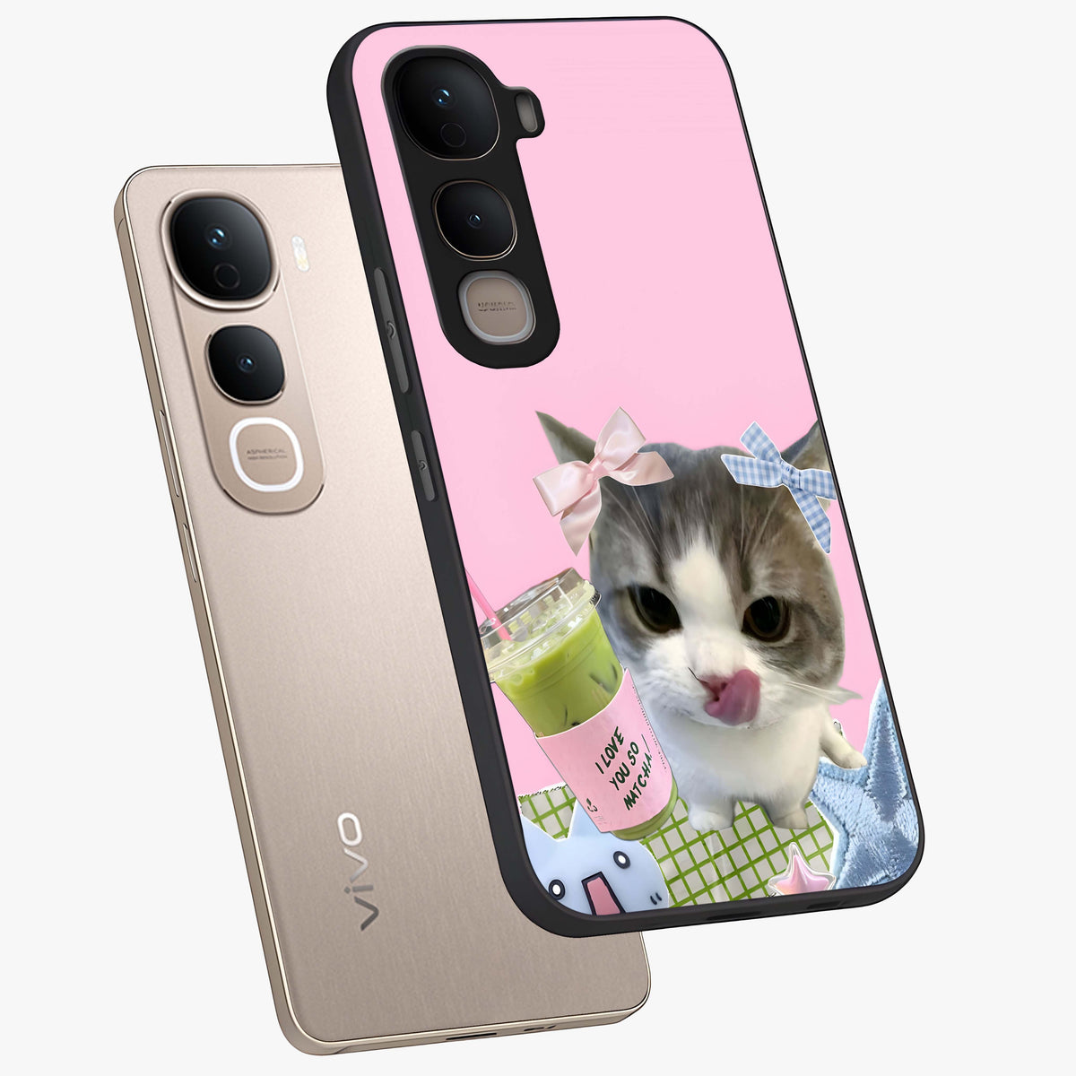 Love Matcha Cat Glass Case displayed in angled mockup highlighting playful feline illustration with cozy matcha aesthetic.
