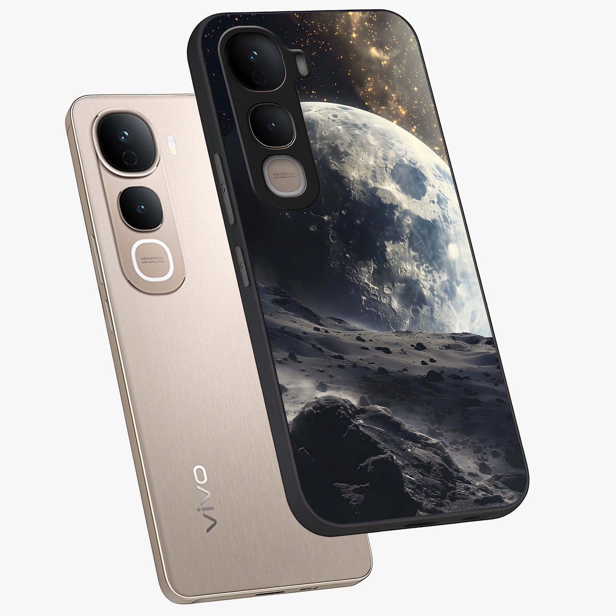 Lunar Horizon Glow Glass Case displayed in angled mockup highlighting celestial moon design with dreamy night aesthetic.
