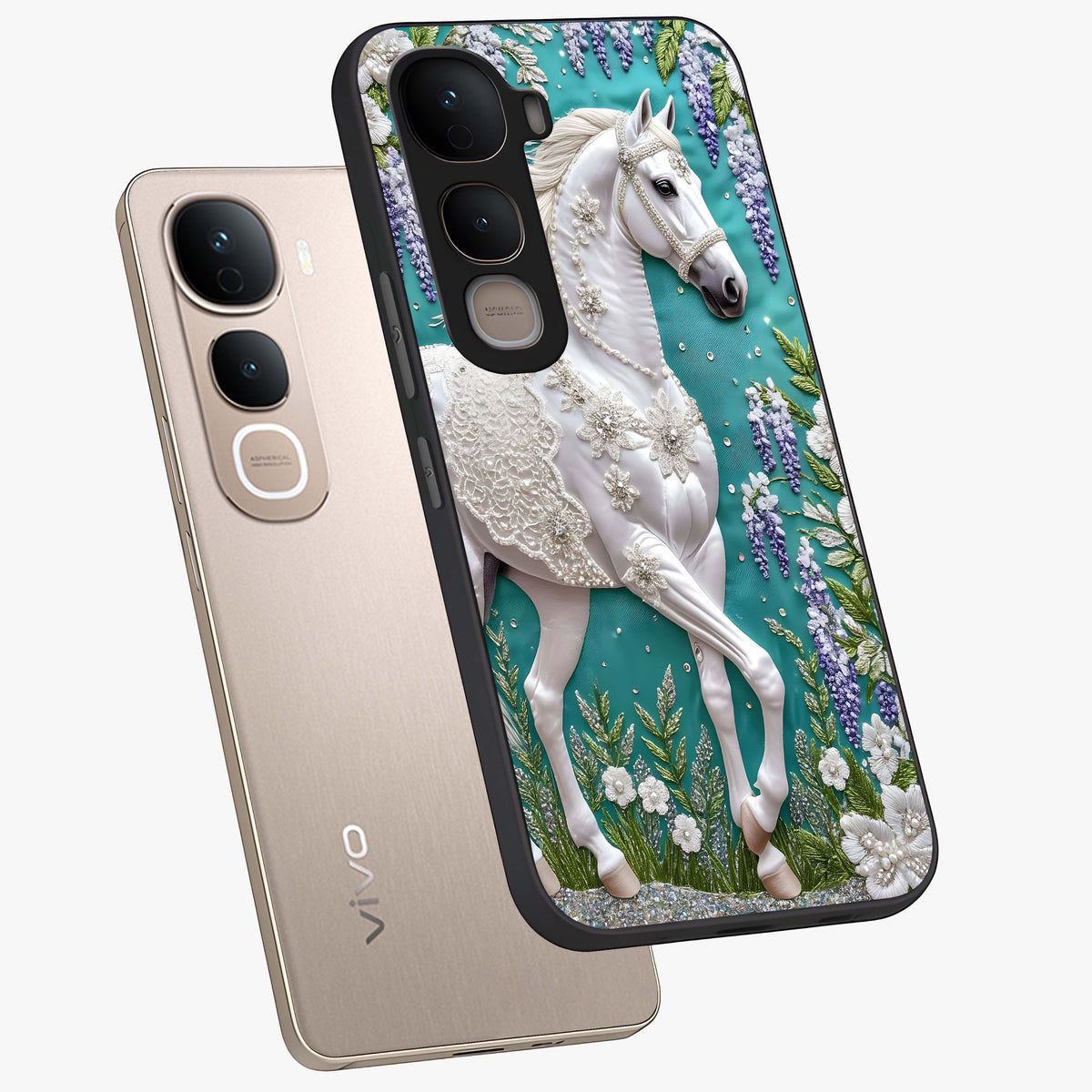 Majestic Floral Stallion Glass Case displayed in angled mockup highlighting majestic stallion illustration with elegant floral aesthetic.