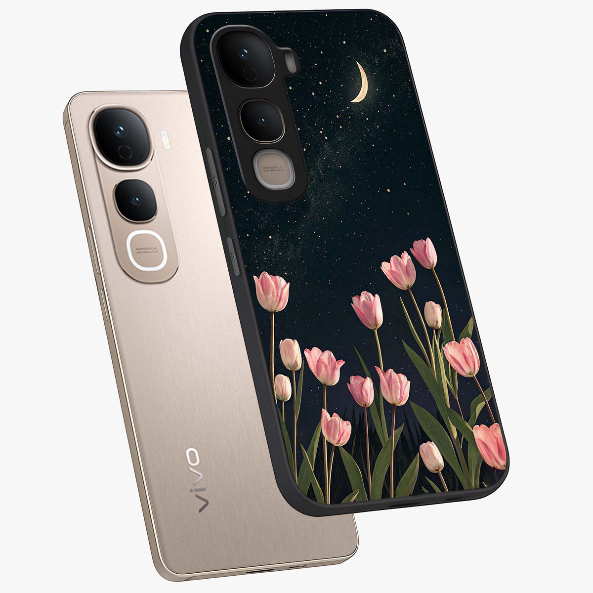 Midnight Tulip Whispers Vibe Glass Case displayed in angled mockup highlighting delicate tulip design with midnight floral aesthetic.