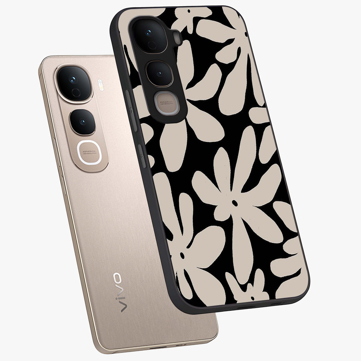 Monochrome Petal Dance Glass Case displayed in angled mockup highlighting elegant petal design with black and white aesthetic.