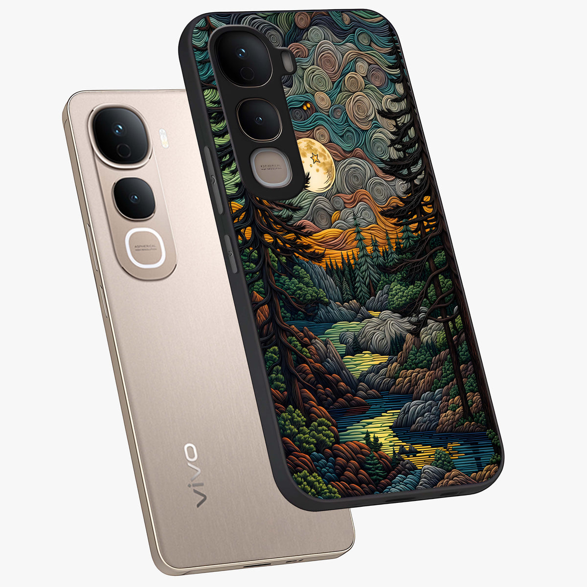 Moonlight Forest Dream Glass Case displayed in angled mockup highlighting dreamy forest design with glowing moon aesthetic.