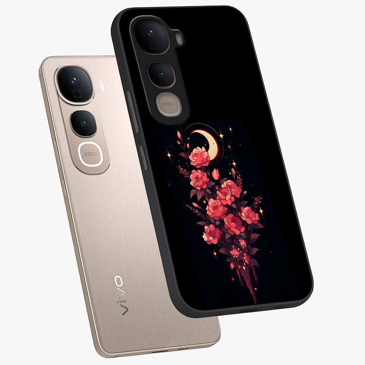 Moonlit Floral Elegance Glass Case displayed in angled mockup highlighting graceful flower design with soft moonlight aesthetic.
