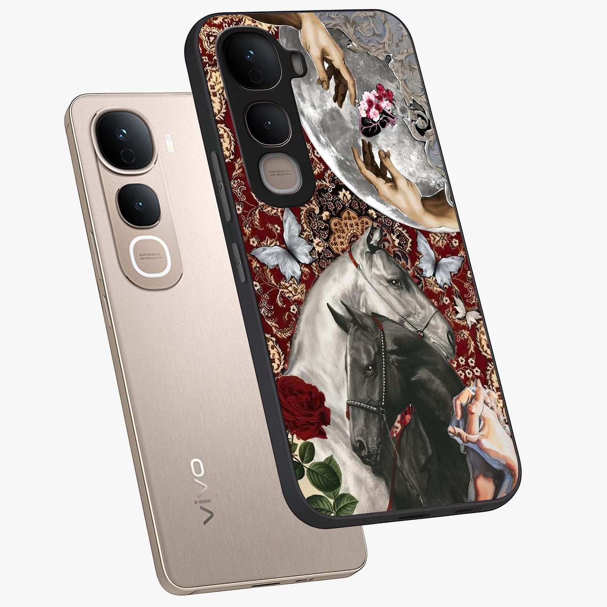 Moonlit Royal Stallion Glass Case displayed in angled mockup highlighting powerful stallion illustration with royal night aesthetic.