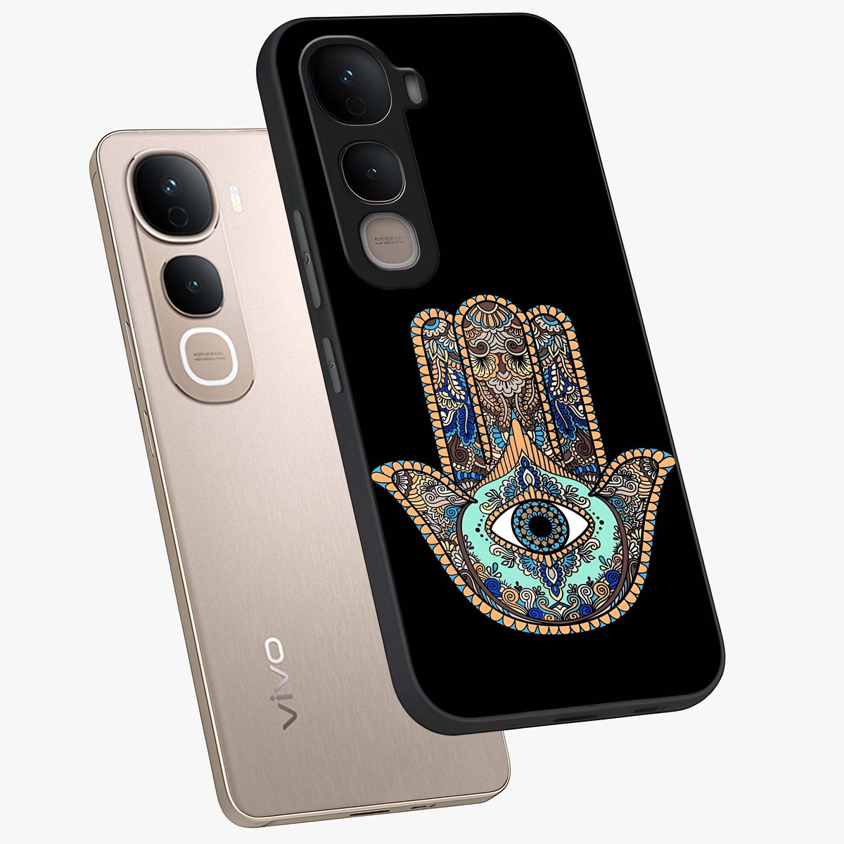 Mystic Hamsa Eye Glass Case displayed in angled mockup highlighting spiritual hamsa symbol with mystical aesthetic style.