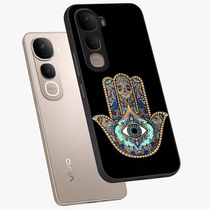 Mystic Hamsa Eye Glass Case displayed in angled mockup highlighting spiritual hamsa symbol with mystical aesthetic style.