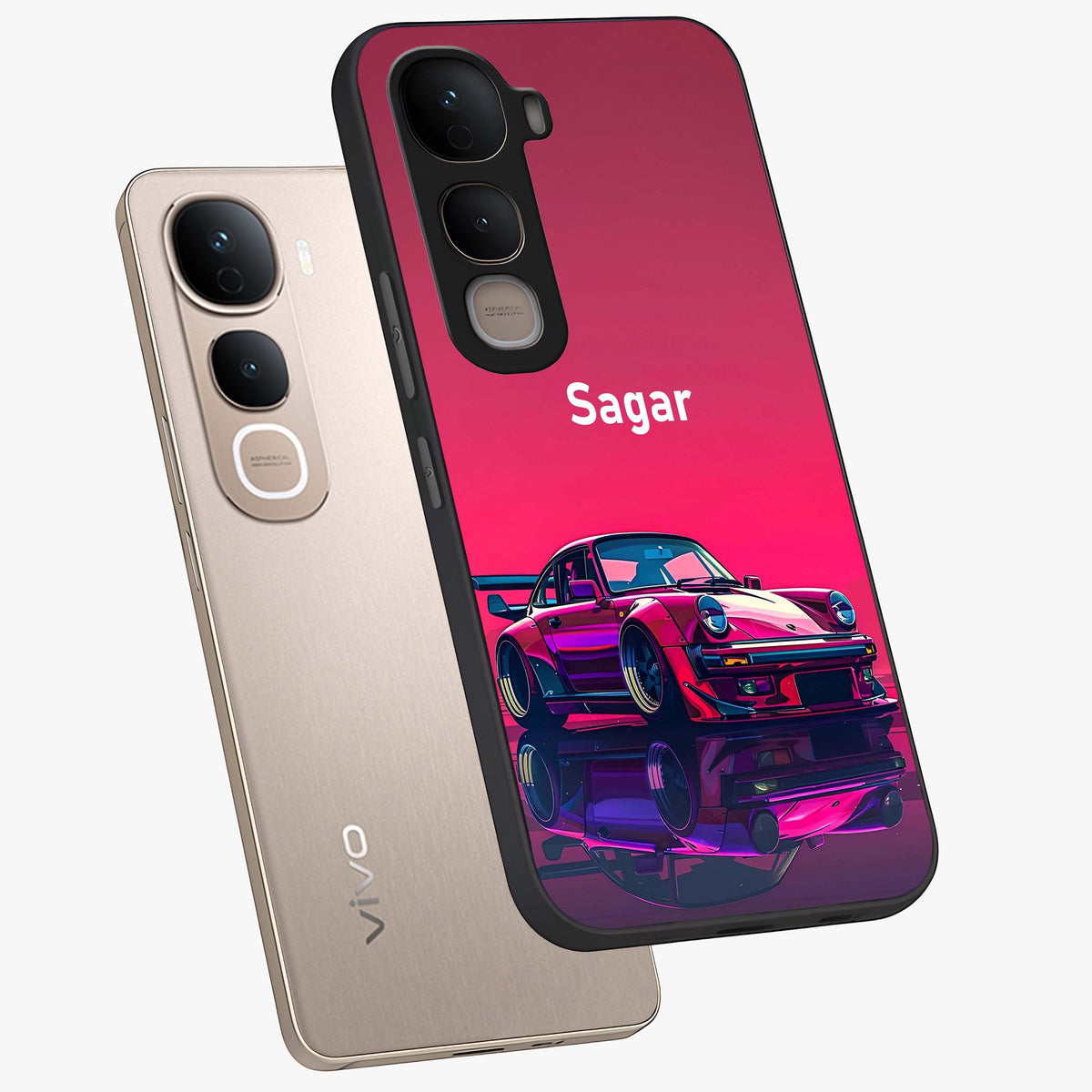 Neon Pink Porsche Glass Case displayed in angled mockup highlighting sleek neon pink car design with racing aesthetic.