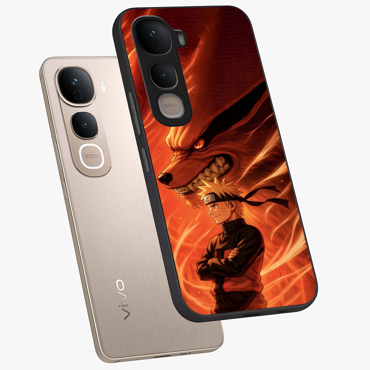 Nine Tails Legacy Glass Case displayed in angled mockup highlighting dynamic anime beast illustration with bold mystical aesthetic.