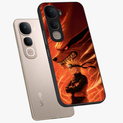 Nine Tails Legacy Glass Case displayed in angled mockup highlighting dynamic anime beast illustration with bold mystical aesthetic.