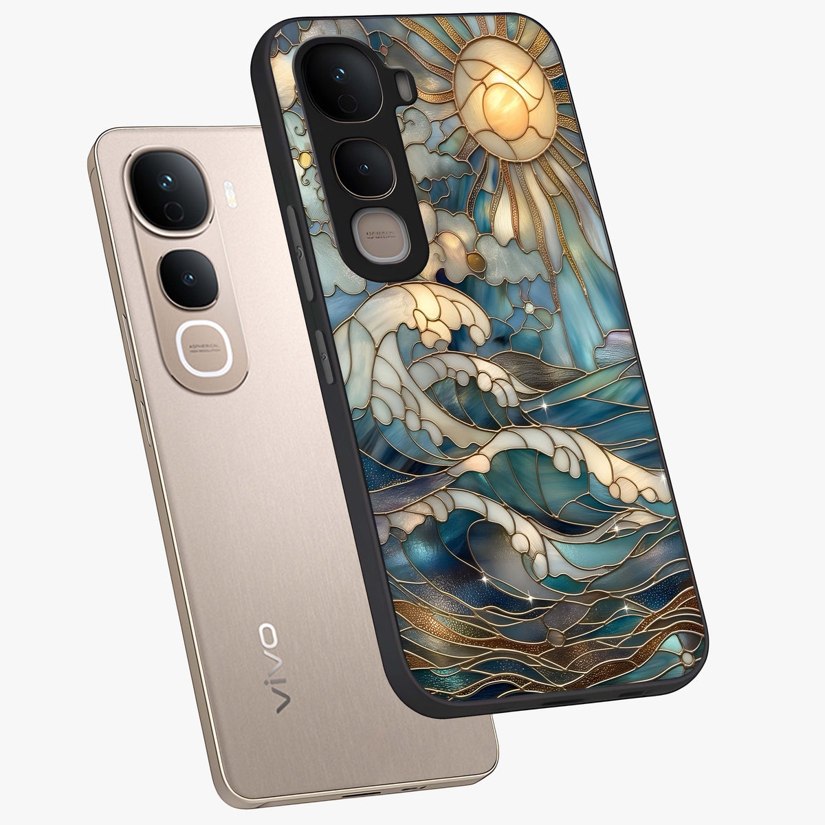 Oceanic Stained Printed Glass Case displayed in angled mockup highlighting colorful aquatic design with artistic aesthetic style.