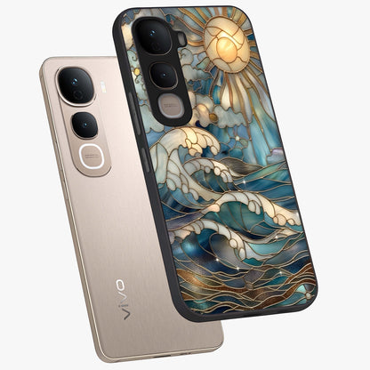 Oceanic Stained Printed Glass Case displayed in angled mockup highlighting colorful aquatic design with artistic aesthetic style.