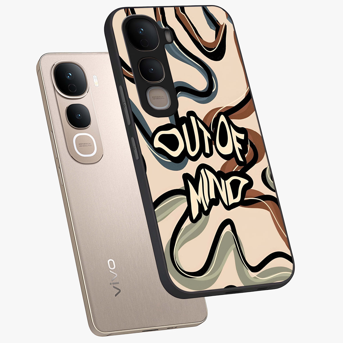Out Of Mind Glass Case displayed in angled mockup highlighting bold statement design with modern artistic aesthetic.