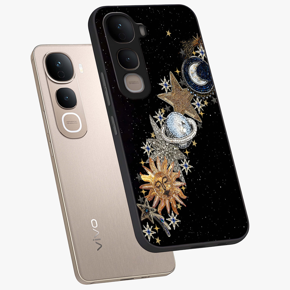 Pearls Universe Object Glass Case displayed in angled mockup highlighting celestial pearl design with dreamy aesthetic.
