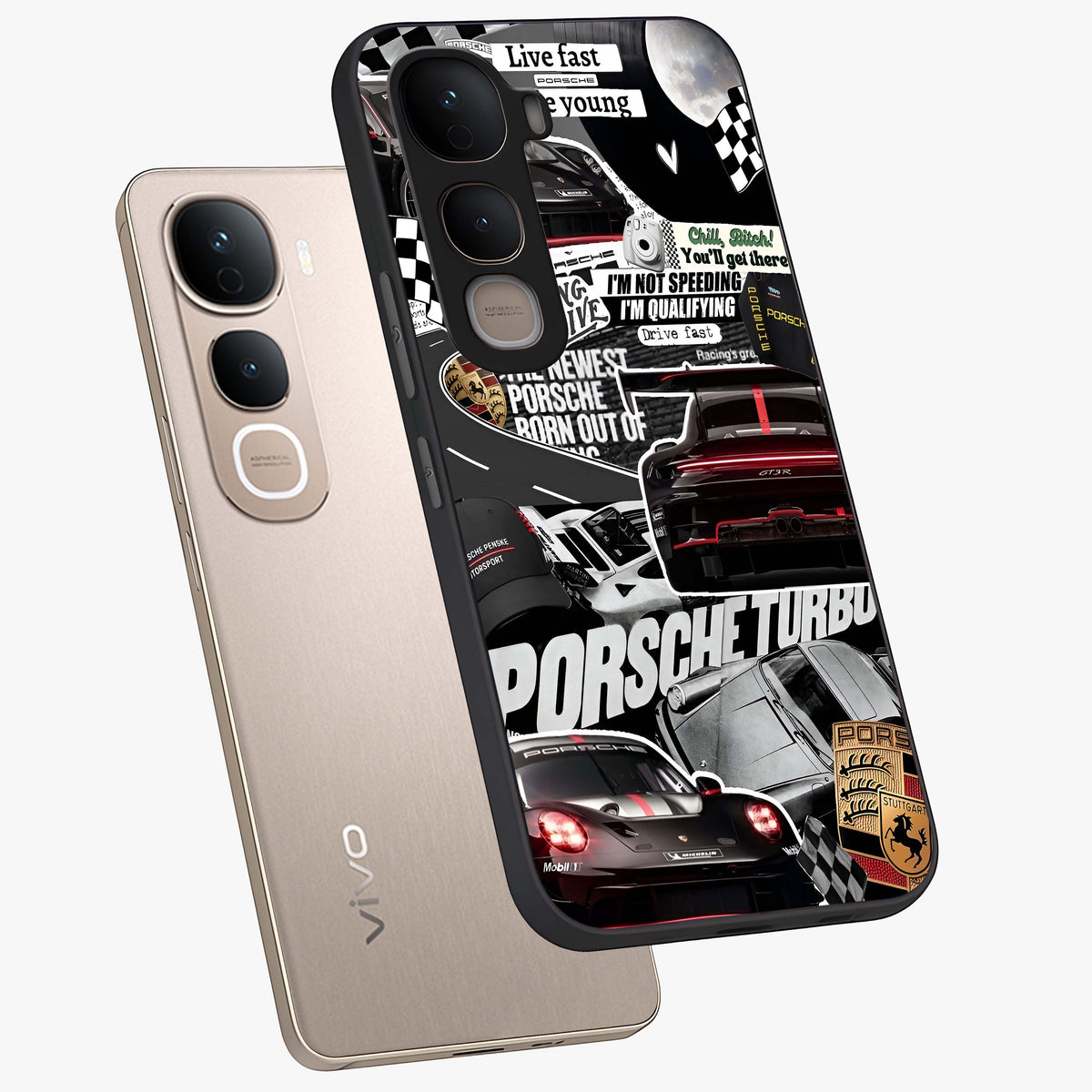 Porsche Racing Collage Glass Case displayed in angled mockup highlighting dynamic automotive design with bold racing aesthetic.