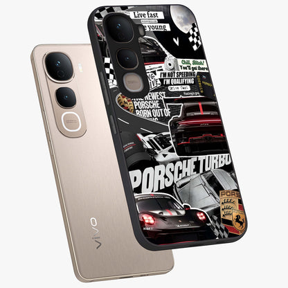 Porsche Racing Collage Glass Case displayed in angled mockup highlighting dynamic automotive design with bold racing aesthetic.