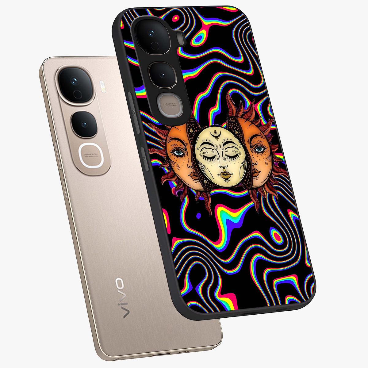 Psychedelic Sun Glass Case displayed in angled mockup highlighting vibrant abstract sun design with artistic aesthetic style.