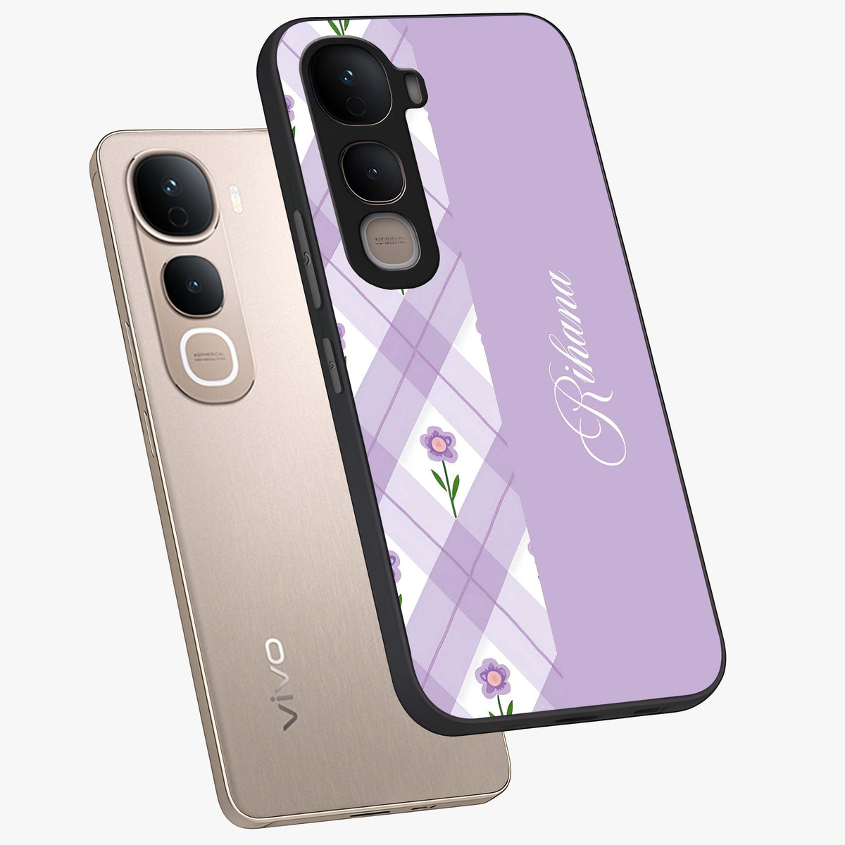 Purple Diamond Floral Glass Case displayed in angled mockup highlighting elegant purple flower design with decorative pattern.