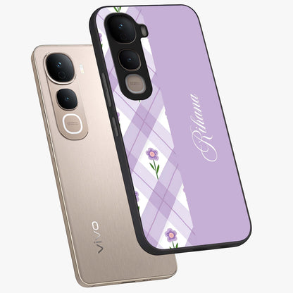 Purple Diamond Floral Glass Case displayed in angled mockup highlighting elegant purple flower design with decorative pattern.