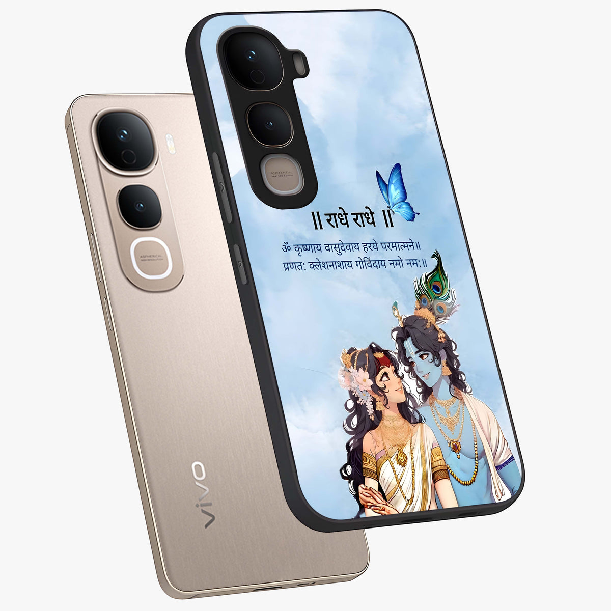 Radha Krishna Eternal Glass Case displayed in angled mockup highlighting divine Radha Krishna illustration with spiritual aesthetic.