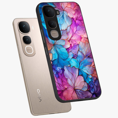 Radiant Floral Whirl Glass Case displayed in angled mockup highlighting vibrant flower pattern with dynamic artistic aesthetic.