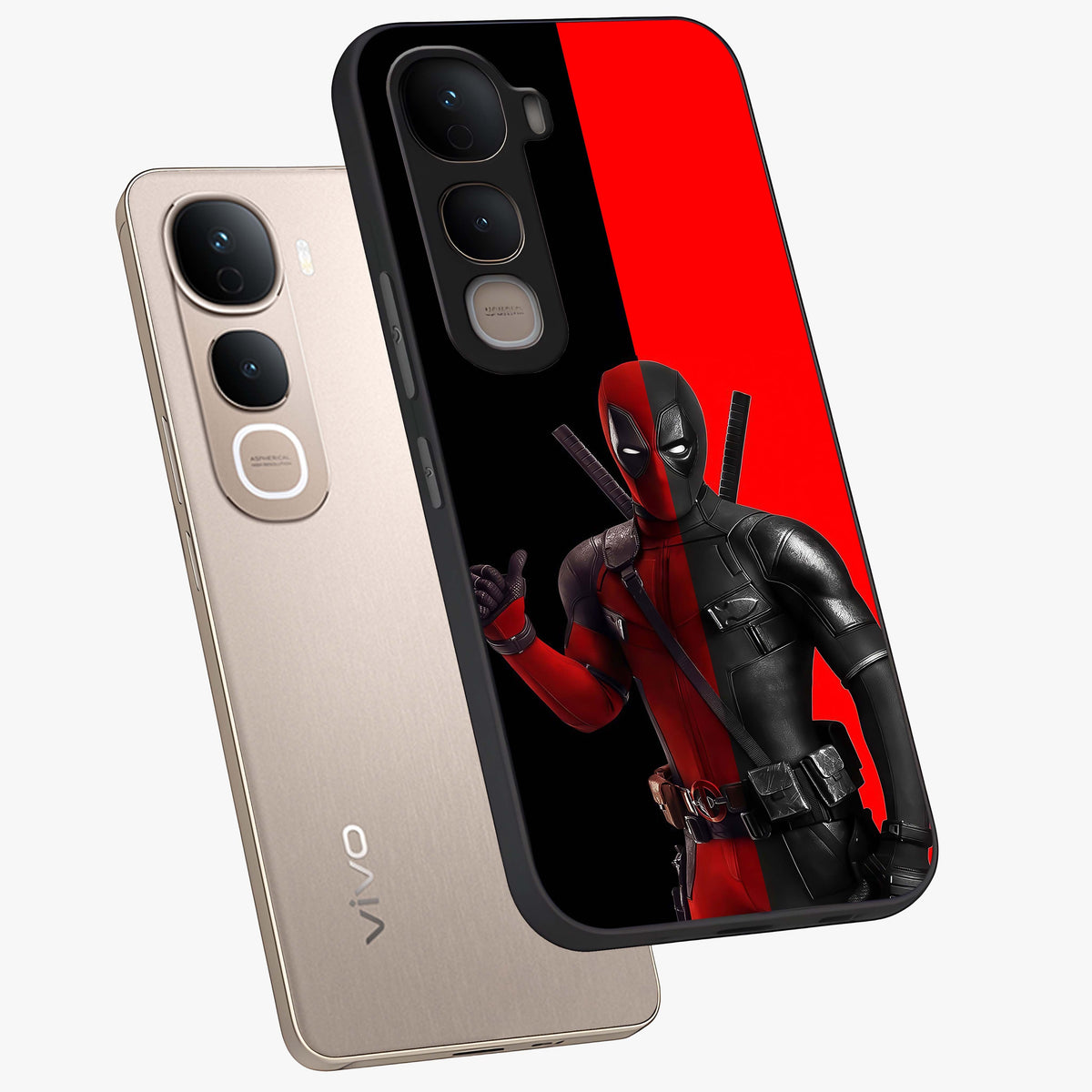 Red & Black Deadpool Theme Glass Case displayed in angled mockup highlighting vibrant superhero style illustration with action aesthetic.