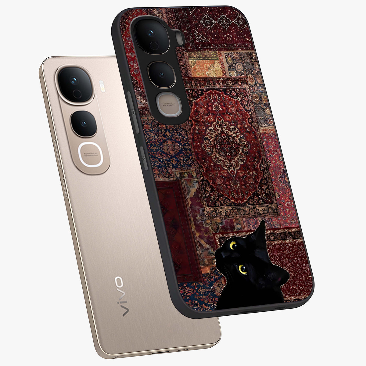 Regal Magic Cat Apple Glass Case displayed in angled mockup highlighting whimsical feline design with fantasy aesthetic.