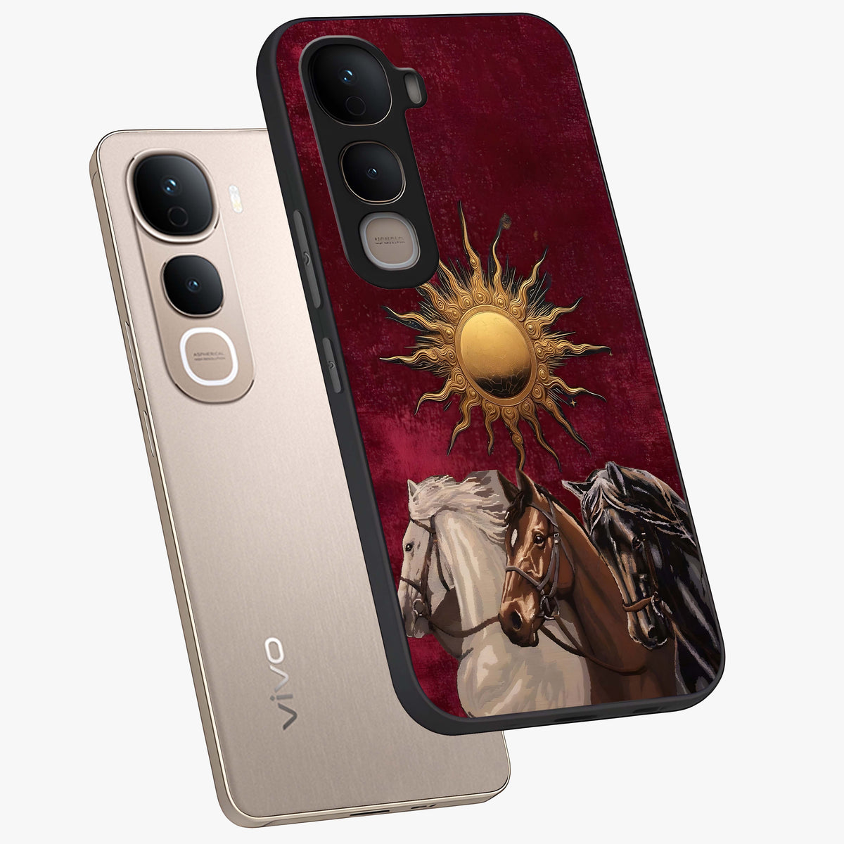 Solar Riders Glass Case displayed in angled mockup highlighting powerful rider illustration with radiant solar aesthetic.