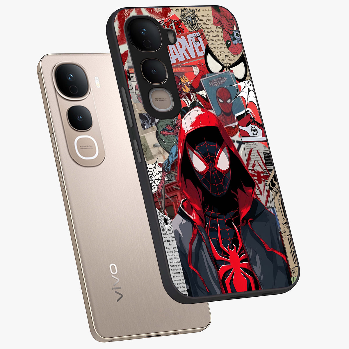 Spider Collage Street Glass Case displayed in angled mockup highlighting dynamic street style collage design with comic aesthetic.