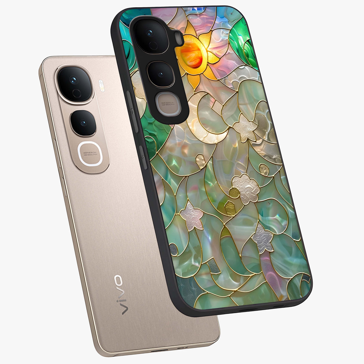 Stained Sunrise Glow Glass Case displayed in angled mockup highlighting radiant sunrise design with artistic aesthetic style.