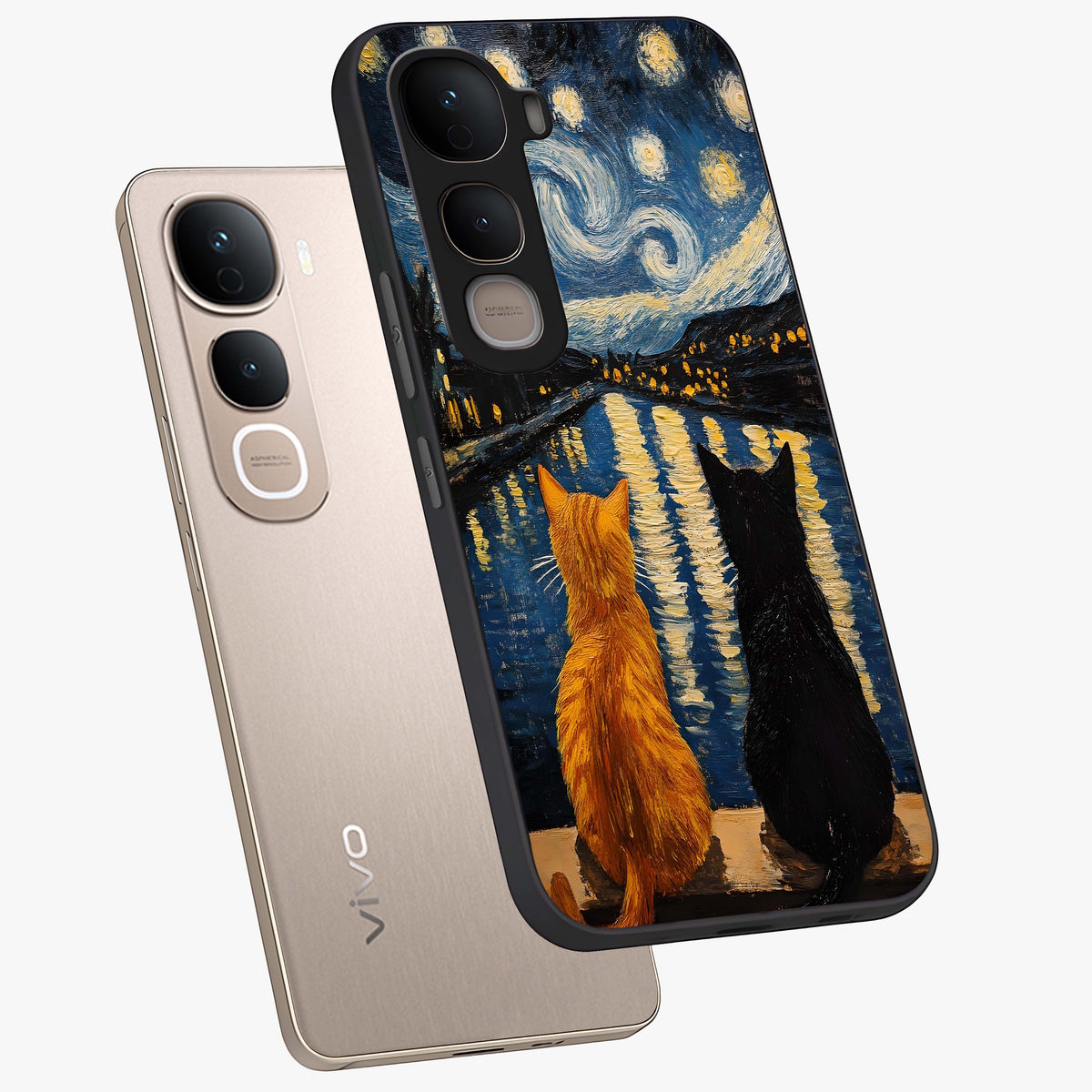 Starry River Cats Glass Case displayed in angled mockup highlighting charming feline illustration with dreamy night aesthetic.