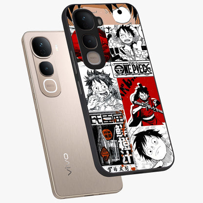 Strawhat Chaos Panels Glass Case displayed in angled mockup highlighting vibrant anime collage design with action aesthetic.