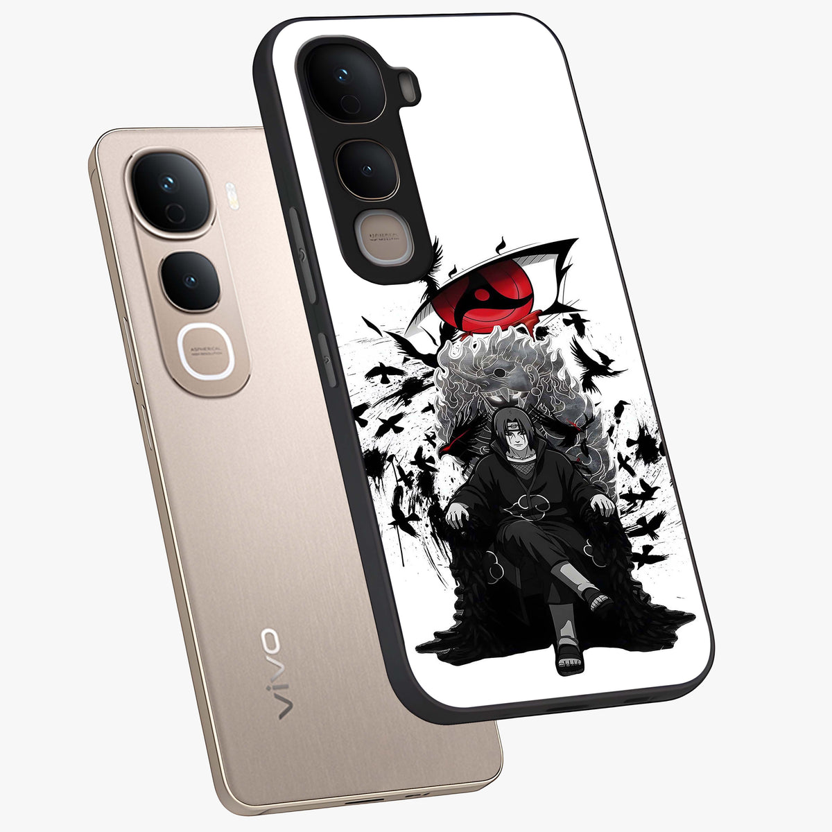 Uchiha Shadow Throne Glass Case displayed in angled mockup highlighting glowing aquatic design with celestial aesthetic.