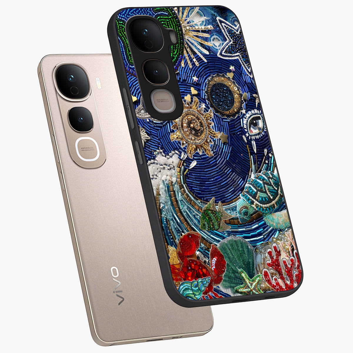 Universe Underwater Spark Glass Case displayed in angled mockup highlighting glowing aquatic design with celestial aesthetic.