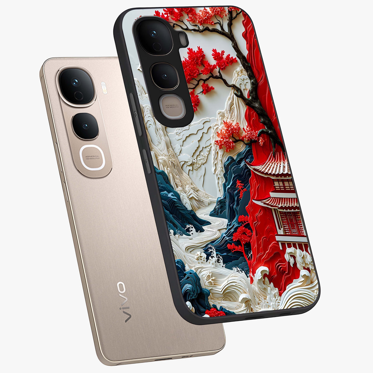 Whispers Of Sakura Waves Glass Case displayed in angled mockup highlighting flowing sakura design with soft floral aesthetic.