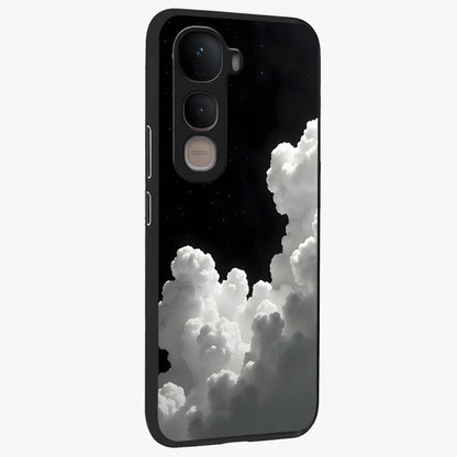 Black Background With White Cloud Glass Case upright view showcasing calm cloud aesthetic with modern minimal style.